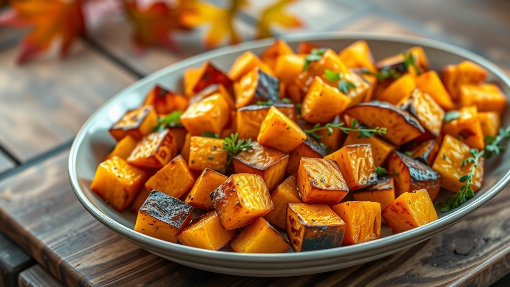 Savory Roasted Pumpkin Recipe Savory roasted pumpkin cubes garnished with herbs on a rustic wooden table.